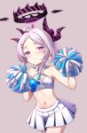  1girl ahoge black_halo blue_archive blush breasts demon_girl demon_horns grey_background halo highres hina_(blue_archive) horns long_hair looking_at_viewer millennium_cheerleader_outfit_(blue_archive) navel pom_pom_(cheerleading) purple_eyes ryusei2u simple_background skirt small_breasts solo standing white_hair white_skirt 