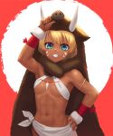  1girl abs aqua_eyes arm_up armlet armpits bandage bandaged_arm bandages bangs bare_shoulders blonde_hair boar breasts chinese_zodiac commentary_request cowboy_shot dark_skin facial_mark fang fur_trim grin groin hair_between_eyes hand_on_hip highres looking_at_viewer navel new_year original parted_bangs pelt ranma_(kamenrideroz) red_background short_hair small_breasts smile solo standing toned tusks whisker_markings white_background wristband year_of_the_pig 