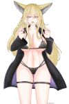  1girl animal_ears areola_slip arknights bikini black_bikini black_coat blonde_hair breasts chinese_commentary cleavage coat commentary_request cowboy_shot eyes_visible_through_hair fingernails hair_between_eyes hands_up highres large_breasts long_hair long_sleeves looking_at_viewer navel open_clothes open_coat open_mouth orange_eyes simple_background solo standing swimsuit thigh_strap vulpisfoglia_(arknights) white_background yinzhixiaochaoyangla 