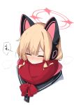  1girl animal_ear_headphones animal_ears blonde_hair blue_archive blush bow buttons cat_ear_headphones cat_ears check_commentary closed_eyes commentary_request covered_mouth cropped_shoulders fake_animal_ears hair_bow halo headphones highres jacket low-tied_sidelocks momoi_(blue_archive) multicolored_jacket nose_blush parted_bangs pink_halo pink_jacket red_bow red_scarf scarf sidelocks simple_background sneezing solo speech_bubble translation_request upper_body white_background white_jacket winter_clothes yoimura 