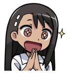  +_+ 1girl 774_(nanashi) :d black_hair brown_eyes collared_shirt ijiranaide_nagatoro-san long_hair looking_at_viewer lowres nagatoro_hayase shirt simple_background smile solo tan upper_body white_background white_shirt 