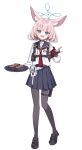  1girl absurdres animal_ear_fluff animal_ears ascot black_pantyhose black_shoes blue_archive blue_eyes blue_sailor_collar blue_skirt blunt_bangs blush fingerless_gloves fox_ears fox_girl fox_shadow_puppet gloves highres holding holding_tray holster inaba_reito looking_at_viewer niko_(blue_archive) open_mouth pantyhose pink_hair pleated_skirt red_ascot red_gloves sailor_collar shoes short_hair skirt solo thigh_holster tray 