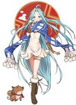  1girl :d ahoge bell blue_eyes blue_hair blue_scarf blush boar boots breath bridal_gauntlets commentary_request dress full_body fur-trimmed_boots fur_trim granblue_fantasy hand_on_own_chest highres jingle_bell knee_boots long_hair looking_at_viewer lyria_(granblue_fantasy) open_mouth pom_pom_(clothes) saboten scarf simple_background smile solo thighlet very_long_hair white_background white_dress 