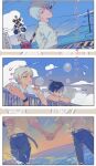 2boys belt black_belt black_hair black_pants cloud cloudy_sky collared_shirt commentary day haekchi hikaru_(hikaru_ga_shinda_natsu) hikaru_ga_shinda_natsu holding_hands looking_at_another lower_body male_focus multiple_boys outdoors pants partially_submerged school_uniform shirt short_hair short_sleeves sky translation_request tsujinaka_yoshiki upper_body water white_hair white_shirt 