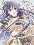  1girl alternate_color armor black_skirt blue_background breasts cleavage commentary_request dated_commentary flower japanese_armor japanese_clothes kimono kote kurokote long_hair looking_at_viewer medium_breasts ninja oboro_(ragnarok_online) open_mouth pinwheel_hair_ornament purple_eyes purple_hair ragnarok_online rope_belt sharari skirt smile solo upper_body vambraces yellow_kimono 