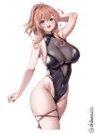  1girl aqua_eyes arm_behind_head arm_up artist_name black_leotard blush breasts brown_hair commentary_request covered_navel cropped_legs ebifurya groin hair_between_eyes hair_intakes heart high_ponytail highleg highleg_one-piece_swimsuit highres kantai_collection large_breasts leotard long_hair looking_at_viewer one-hour_drawing_challenge one-piece_swimsuit open_mouth ponytail saratoga_(kancolle) see-through_cleavage see-through_clothes sideboob sidelocks simple_background skindentation smile solo swimsuit thigh_strap thighs twitter_username white_background 