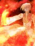  1boy blonde_hair brown_background brown_coat coat commentary_request cowboy_shot dated_commentary embers fire gold_trim grin high_priest_(ragnarok_online) long_sleeves looking_at_viewer male_focus multicolored_coat pyrokinesis ragnarok_online red_coat red_eyes sharari short_hair smile solo two-tone_coat white_coat 