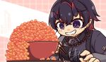  1girl aitsugawa_rui asymmetrical_horns black_hair black_horns black_shirt bowl chain chain_necklace chopsticks commentary_request crossed_bangs demon_girl demon_horns fish_(food) gradient_horns grin highres holding holding_chopsticks horns ikura_(food) jewelry looking_at_food multicolored_hair multicolored_horns nanashi_inc. necklace pink_background pointy_ears purple_eyes red_horns ryugasaki_rene ryugasaki_rene_(4th_costume) shirt short_hair smile solo two-tone_hair uneven_horns upper_body virtual_youtuber 