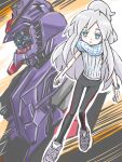  1980s_(style) 1girl blue_eyes deux_murasame extra-eyes gundam gundam_gquuuuuux highres looking_at_viewer machinery mecha mobile_suit mukago psycho_gundam_(gquuuuuux) retro_artstyle robot scarf science_fiction shoes sketch sneakers upper_body v-fin white_hair 