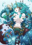  1girl absurdres aqua_hair blue_skin breasts brown_eyes claws colored_skin commentary dragon_girl dragon_horns dragon_tail hair_tubes highres hkdd99 horns long_hair looking_at_viewer navel original pointy_ears scales solo tail water_drop 