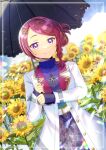  1girl belt belt_buckle black_umbrella blue_sky blush braid buckle closed_mouth commentary_request commission day field flower flower_field frilled_umbrella frills hair_ornament holding holding_umbrella jacket kou_hiyoyo long_sleeves one_side_up open_clothes open_jacket original outdoors plaid_clothes plaid_skirt purple_eyes purple_hair purple_sweater ribbed_sweater single_braid skeb_commission skirt sky sleeves_past_wrists smile solo sunflower sweater swept_bangs turtleneck turtleneck_sweater umbrella white_belt white_jacket x_hair_ornament yellow_flower 