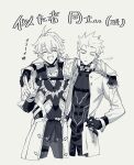  2boys archer_(fate) archer_(honkai:_star_rail)_(fate) armor coat crossover fate/stay_night fate/unlimited_blade_works fate_(series) gloves greyscale hand_on_another&#039;s_shoulder happy highres honkai:_star_rail honkai_(series) male_focus monochrome multiple_boys phainon_(honkai:_star_rail) smile spiked_hair v yuka_(pixiv38407039) 
