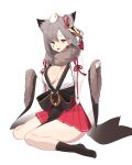  1girl absurdres azur_lane black_socks blush breasts brown_eyes cleavage commentary_request fang fur-trimmed_kimono fur-trimmed_sleeves fur_trim grey_hair hakama hakama_short_skirt hakama_skirt hamster_on_head hands_up highres japanese_clothes kimono kurowanjjyang large_breasts looking_at_viewer mark_under_eye open_mouth pleated_skirt red_hakama red_skirt short_hair simple_background sitting skin_fang skirt smile socks suzutsuki_(azur_lane) teardrop_facial_mark thighs wariza white_background white_kimono wide_sleeves 