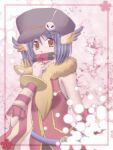  1girl animal_around_neck belt black_hat blue_belt blue_hair blue_wings cherry_blossoms commentary_request dated_commentary detached_sleeves dress feathered_wings fox gradient_wings hat hat_ornament head_wings looking_at_viewer mouth_hold multicolored_wings newsboy_cap orange_eyes orange_wings professor_(ragnarok_online) ragnarok_online red_dress red_sleeves scroll_tube sharari skull_hat_ornament sleeveless sleeveless_dress solo striped_sleeves upper_body wings yellow_sleeves 