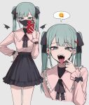  1girl :p aqua_eyes aqua_hair bandaid bandaid_on_neck black_mask black_nails black_skirt blood blood_on_face cellphone channel_(caststation) detached_wings duplicate ear_piercing earrings emoji fangs grey_background hair_ornament hair_ribbon hairclip hand_on_own_hip hatsune_miku heart heart_earrings highres holding holding_phone jewelry jirai_kei long_hair long_sleeves looking_at_viewer mask mask_pull multiple_views nail_polish open_mouth phone piercing pixel-perfect_duplicate pulling_own_clothes ribbon ring simple_background skirt smartphone spoken_emoji teeth tongue tongue_out tongue_piercing twintails vampire vampire_(vocaloid) vocaloid wings 