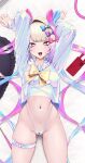  1girl arms_up ass_visible_through_thighs bare_hips bed_sheet belt blonde_hair blue_belt blue_bow blue_hair blue_panties blue_sailor_collar blue_shirt blush bow bow_panties bowtie breasts buckle cellphone chouzetsusaikawa_tenshi-chan commentary eyeshadow fangs fingernails garter_straps gradient_belt gradient_clothes gradient_hair gradient_sailor_collar gradient_shirt hair_bow heart heart-shaped_buckle highleg highleg_panties highres long_hair long_sleeves looking_at_viewer lying makeup multicolored_hair nail_polish navel needy_girl_overdose no_pants on_back open_mouth panties phone pink_belt pink_bow pink_eyeshadow pink_hair pink_nails purple_bow quad_tails sailor_collar sailor_shirt school_uniform serafuku shirt skindentation sleeves_past_wrists smartphone smile solo stomach sweat teeth thigh_belt thigh_gap thigh_strap thighs thong tongue underwear upper_teeth_only waytok wide_hips yellow_bow yellow_bowtie yume_kawaii 