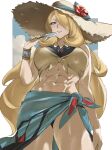  1girl abs absurdres bikini bikini_under_clothes blonde_hair blue_sarong border bracelet breasts closed_mouth crop_top cynthia_(pokemon) cynthia_(summer_2025)_(pokemon) food grey_eyes hat highres holding holding_food holding_popsicle jewelry large_breasts long_hair looking_at_viewer pokemon pokemon_masters_ex popsicle sarong shirt simple_background solo sun_hat sunlight swimsuit taiyang_yu thighs tied_shirt toned toned_female very_long_hair white_border 