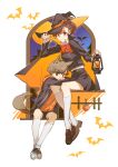  1boy 1girl absurdres amada_ken animal_ears bat_(animal) black_shoes black_skirt blush bow bowtie brown_eyes brown_hair cape corrupted_twitter_file eca_leaf gekkoukan_high_school_uniform hair_between_eyes hair_ornament hairclip halloween halloween_costume hand_on_headwear hat highres holding holding_lantern hood hood_down hoodie jacket kneehighs lantern loafers long_sleeves moon open_clothes open_jacket orange_hoodie persona persona_3 persona_3_portable red_bow red_bowtie red_eyes school_uniform shiomi_kotone shoes short_shorts shorts skirt smile sneakers socks tail white_shoes white_socks witch_hat 