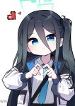  1girl 2023 absurdres aqua_halo aris_(blue_archive) artist_name black_hair black_hairband black_jacket blue_archive blue_eyes blue_jacket blue_necktie chinese_commentary closed_mouth collared_shirt commentary dated double-parted_bangs eyes_visible_through_hair four-finger_heart_hands hair_between_eyes hairband halo heart heart_hands highres jacket long_bangs long_hair long_hair_between_eyes long_sidelocks long_sleeves looking_at_viewer multicolored_jacket necktie one_side_up open_clothes open_jacket pixel_heart platinum-mix puffy_long_sleeves puffy_sleeves rectangular_halo school_uniform shirt shirt_tucked_in sidelocks simple_background smile solo split_mouth two-sided_fabric two-sided_jacket upper_body very_long_hair white_background white_jacket white_shirt 