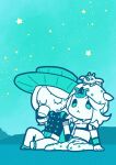  1other 2boys :&lt; absurdres aqua_theme beanie beard belt belt_buckle buckle chibi chibi_only closed_eyes cowboy_hat cup drinking english_commentary facial_hair gyro_zeppeli hat highres holding holding_cup hood hood_down hoodie horseshoe_hat_ornament horseshoe_ornament johnny_joestar jojo_no_kimyou_na_bouken limited_palette m_a_a_m_8 male_focus medium_hair mug multiple_boys on_head short_sleeves sitting sky stand_(jojo) star_(sky) star_(symbol) star_print starry_sky steel_ball_run tusk_(stand) tusk_act1 wristband 
