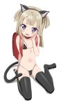  :d animal_ears backpack bag bare_arms bare_shoulders bikini black_bikini black_legwear blush breasts cat_ears cat_girl cat_tail collarbone commentary_request covered_nipples full_body hand_on_own_cheek head_tilt highres light_brown_hair long_hair looking_at_viewer no_shoes open_mouth pretty_(series) pripara purple_eyes randoseru side-tie_bikini sitting small_breasts smile solo swimsuit tail thighhighs trg-_(sain) tsukikawa_chiri two_side_up wariza white_background 
