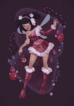  1girl adapted_costume arm_ribbon asian asymmetrical_shirt bare_shoulders black_eyes black_hair black_lips blue_wings blunt_bangs blunt_ends boots christmas christmas_ornaments closed_mouth commentary covered_navel crop_top detached_sleeves earmuffs english_commentary fairy fairy_wings full_body fur-trimmed_boots fur-trimmed_skirt fur-trimmed_sleeves fur_trim glitter hair_ornament happy highres holding_ornament knee_boots leotard leotard_under_clothes light_blush lipstick long_sleeves looking_at_viewer magical_girl makeup miniskirt musa_(winx_club) outstretched_arm pink_leotard pom_pom_(clothes) pom_pom_hair_ornament purple_background purple_ribbon red_boots red_shirt red_skirt red_sleeves ribbon shirt short_hair short_twintails signature single_detached_sleeve skirt skirt_set smile solo standing stardust_axel twintails wings winx_club 