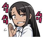  1girl 774_(nanashi) black_hair brown_eyes collared_shirt ijiranaide_nagatoro-san long_hair looking_at_viewer lowres nagatoro_hayase shirt simple_background solo tan upper_body white_background white_shirt 
