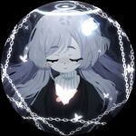  1girl absurdres black_coat bug butterfly chain closed_eyes coat commentary english_commentary grey_hair halo highres long_hair original ribbed_sweater saccharhythm solo sweater turtleneck turtleneck_sweater upper_body 