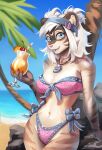 accessory alcohol anthro beach beverage bikini blue_eyes bow_ribbon breasts buns cherryshnapps claws clothing colored_nails countershading crescent_moon crystal dark_stripes diamond_(gem) eyelashes facial_markings felid feline female food forehead_markings fruit fur gem glitter grey_clothing grey_swimwear hair hair_accessory hairclip head_markings headband hi_res humanoid jewelry long_lashes mammal marcy_wong_(zombiecowherd) markings messy_hair moon multicolored_clothing multicolored_swimwear nails necklace pale_hair palm_tree pantherine pink_clothing pink_hairclip pink_nail_polish pink_nails pink_swimwear plant sand sea seashell sequins shell short_hair silver_(metal) silver_jewelry solo sparkles spiral_shell striped_body striped_face striped_fur stripes swimwear thalassophilia_(zombiecowherd) tiger tree tropical two-piece_swimsuit water