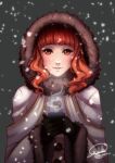  1girl alternate_costume black_gloves buttons celica_(fire_emblem) coat fire_emblem fire_emblem_echoes:_shadows_of_valentia gloves heart heart_in_eye highres hinahaii hood hooded_coat hot_chocolate long_hair looking_at_viewer red_eyes red_hair smile snow snowing symbol_in_eye winter winter_clothes winter_coat 