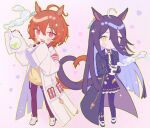  2girls :d agnes_tachyon_(umamusume) ahoge animal_ears black_gloves black_hair black_pantyhose blush brown_eyes brown_hair cardigan chibi coat coffee coffee_mug colored_inner_hair cup flask gloves hair_between_eyes heart heart_background highres horse_ears horse_girl horse_tail lab_coat long_hair long_sleeves manhattan_cafe_(umamusume) mug multicolored_hair multiple_girls necktie nochatea open_mouth pantyhose pleated_skirt round-bottom_flask short_hair skirt sleeves_past_fingers sleeves_past_wrists smile steam tail two-tone_background two-tone_hair umamusume very_long_hair vial white_hair yellow_cardigan yellow_eyes yellow_necktie 