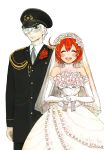  1boy 1girl ae-3803 bare_shoulders black_eyes blush bouquet bridal_veil closed_eyes dress elbow_gloves flower gloves grey_necktie hair_over_one_eye hat hataraku_saibou highres holding holding_bouquet jewelry military_dress_uniform military_hat military_uniform necktie open_mouth red_blood_cell_(hataraku_saibou) red_flower red_hair ring simple_background smile tokumina_20 u-1146 veil wedding_dress wedding_ring white_blood_cell_(hataraku_saibou) white_gloves white_hair 