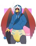abstract_background accipitrid accipitriform anthro artist_logo avian back_wings bag beak bird black_claws black_eyeliner black_eyes black_finger_claws black_makeup black_straps black_talons blue_bag blue_cere blue_clothing blue_diaper_fastener blue_fastener blue_hoodie blue_tail blue_tail_feathers blue_tail_tip blue_topwear bodily_fluids braviary bulging_diaper cere_(anatomy) chest_bag cigarette cigarette_in_mouth cigarrete claws cloth_diaper clothed clothing darksidefighter diaper diaper_bulge diaper_fastener diaper_fetish diaper_use digital_drawing_(artwork) digital_media_(artwork) dipstick_tail drawstring drawstring_clothing drawstring_hoodie drawstring_topwear eagle eyelashes eyeliner fan_character fan_tail fastener feather_hair feather_tuft feathered_crest feathered_wings feathers feces finger_claws front_view generation_5_pokemon genital_fluids glistening glistening_beak glistening_eyes gradient_background grey_body grey_crotch grey_face grey_feathers grey_legs grey_wings hand_in_pocket head_crest hi_res holding_object holding_skateboard hood_up hoodie humanoid_hands laid_back lit_cigarette logo makeup male markings multicolored_body multicolored_feathers multicolored_tail multicolored_tail_feathers nado_soarian nintendo object_in_mouth pink_background pockets pokemon pokemon_(species) pokemorph portrait pseudo_hair purple_background red_body red_feathered_crest red_feathers red_tail red_tail_feathers red_wings simple_background skateboard smoke smoking smoking_cigarette soiled_diaper solo swollen_diaper tail tail_feathers tail_markings talon_hands tan_cloth_diaper tan_feather_hair three-quarter_portrait topwear tuft unclean_diaper urine used_diaper vehicle wearing_diaper wet_diaper white_background white_diaper_fastener white_drawstring white_fastener white_feathered_crest wings yellow_beak yellow_hands yellow_tail yellow_tail_feathers