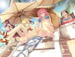  1girl animal_ears barefoot beach blonde_hair brown_eyes brown_hair eyes_closed fate/grand_order feet flip-flops green_eyes hair_bow hair_ribbon hand_on_hip kiyohime_(swimsuit_lancer)_(fate) long_hair looking_at_viewer lounge_chair nero_claudius_(swimsuit_caster)_(fate) pink_hair pov pov_feet sandals scathach_(swimsuit_assassin)_(fate) soles straw_hat sunglasses swimsuit tail tamamo_no_mae_(swimsuit_lancer)_(fate) toes 