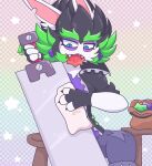 2024 4_fingers amethyst_(gem) anthro bag bent_arm black_clothing black_gloves black_handwear black_jacket black_topwear blue_eyes blue_pupils bottomwear checkered checkered_background cheek_tuft claws cleaning_sword clothed clothed_anthro clothing colored digital_drawing_(artwork) digital_media_(artwork) ear_tuft edge_(mario_plus_rabbids) english_description eyebrows eyelashes facial_tuft female female_anthro finger_claws fingerless_gloves fingers food_in_mouth fully_clothed fully_clothed_anthro fur furniture gaypastabake gem gloves green_eyebrows green_hair grey_bottomwear grey_clothing grey_pants hair handwear hi_res holding_cloth holding_melee_weapon holding_object holding_sword holding_weapon jacket lagomorph light lighting long_ears mammal mario_bros mario_plus_rabbids_sparks_of_hope melee_weapon multicolored_hair narrowed_eyes nintendo noseless notched_ear open_clothing open_jacket open_topwear pants pattern_background pink_inner_ear pupils purple_clothing purple_ear_piercing purple_eyelids purple_shirt purple_topwear rabbid raving_rabbids rayman_(series) shaded sharp_teeth shirt short_hair simple_background sitting_on_stool solo spiky_hair squint star_(shape) star_bit super_mario_galaxy sword table teeth thick_eyebrows topwear torn_bottomwear torn_clothing torn_pants tuft two_tone_hair ubisoft weapon white_body white_fur wood wood_furniture wood_table