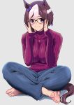  1girl animal_ears barefoot blue_pants blush bow breasts brown_hair brown_tail closed_mouth denim feet full_body glasses grey_background hair_between_eyes hair_bow hair_ornament hair_ribbon hakase_yurisuki hands_up highres horse_ears horse_girl horse_tail impossible_clothes impossible_shirt indian_style jeans jewelry large_breasts long_sleeves looking_at_viewer multicolored_hair necklace pants purple_bow purple_eyes purple_ribbon purple_sweater ribbed_sweater ribbon round_eyewear shirt short_hair simple_background sitting smile soles solo special_week_(umamusume) streaked_hair sweater tail toenails toes turtleneck umamusume white_hair 