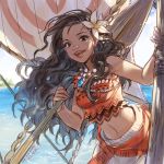  :d artist_name bandeau black_hair blue_eyes chain character_name dark_skin dated disney empew flower hair_flower hair_ornament jewelry long_hair looking_at_viewer midriff moana_(movie) moana_waialiki navel nose open_mouth pendant sail sarong smile solo water wavy_hair 