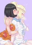  bare_shoulders between_breasts black_hair blonde_hair blush breast_grab breasts closed_eyes collarbone covered_nipples ear_blush ear_licking from_side grabbing grabbing_from_behind groping heavy_breathing highres licking lillie_(pokemon) medium_breasts mizuki_(pokemon) mizuumi_(bb) moaning multiple_girls navel nipple_tweak no_bra open_mouth pleated_skirt pokemon pokemon_(game) pokemon_sm pokemon_usum ponytail school_uniform serafuku shirt_lift short_hair shorts sitting skirt tank_top tongue tongue_out trembling yuri 