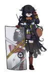  1girl arrow_(symbol) bag bandolier baseball_cap belt beryl_beru black_jacket black_shorts black_thighhighs boots caution_tape closed_mouth commission cosplay crossed_bangs ear_protection flamethrower gas_mask girls&#039;_frontline gloves hair_between_eyes hand_on_headwear hands_up hat highres horns indie_virtual_youtuber jacket karepack keep_out knee_pads looking_at_viewer mask mask_around_neck pink_sweater purple_eyes purple_hair recycling_symbol red_boots red_gloves respirator riot_shield satchel shield shorts solo sweater thighhighs vector_(girls&#039;_frontline) vector_(girls&#039;_frontline)_(cosplay) vector_(hellfire)_(girls&#039;_frontline) vest virtual_youtuber weapon yellow_vest 