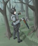  1girl absurdres animal_ears aqua_eyes arbor_spirit black_hair breasts bullet canteen double-barreled_shotgun expressionless forest fox_ears full_body gloves gun handgun highres holding holding_bullet holding_gun holding_weapon large_breasts long_sleeves looking_at_viewer looking_back nature original shotgun shotgun_shell standing tactical_clothes toz-34 tree weapon 