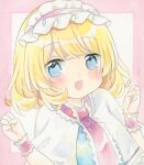  1girl alice_margatroid blonde_hair blue_dress blue_eyes blush capelet dress frilled_hairband frilled_neckerchief frilled_wrist_cuffs frills hairband hands_up highres kagome_f looking_at_viewer neckerchief open_mouth painting_(medium) pink_background red_hairband red_neckerchief shikishi short_hair solo touhou traditional_media upper_body watercolor_(medium) white_capelet wrist_cuffs 