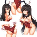  adjusting_clothes adjusting_leotard animal_ears ass black_hair black_neckwear blush bow bowtie breasts bunny_ears bunny_girl bunny_tail bunnysuit closed_mouth covered_navel cowboy_shot crown detached_collar eyebrows_visible_through_hair hands_on_own_chest highres iris_yuma leotard lhu_(barappra1) long_hair looking_at_viewer looking_back medium_breasts mini_crown multiple_views parted_lips red_eyes red_leotard simple_background soul_worker strapless strapless_leotard sweat tail tiara white_background wrist_cuffs 