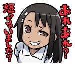  1girl 774_(nanashi) :d black_hair brown_eyes collared_shirt grin ijiranaide_nagatoro-san long_hair looking_at_viewer lowres nagatoro_hayase shirt simple_background smile smug solo tan teeth upper_body white_background white_shirt 