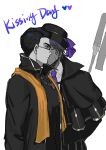  2boys absurdres black_capelet black_coat black_hair black_hat bow capelet coat collared_shirt dieci_association_south_uniform glasses hat heathcliff_(project_moon) highres killerohan kiss kissing_cheek limbus_company long_sleeves looking_at_another male_focus meursault_(project_moon) multiple_boys necktie oufi_association_south_uniform partially_colored project_moon purple_bow purple_necktie shirt short_hair simple_background standing upper_body white_background white_shirt yaoi yellow_stole 