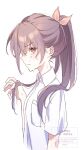  1girl arm_at_side bespectacled bloom_festival_(project_sekai) breast_pocket breasts brown_eyes brown_hair closed_mouth collared_shirt commentary_request from_side frown glasses hair_between_eyes hair_lift hair_ribbon hand_up high_ponytail highres hot looking_at_viewer official_alternate_hair_length official_alternate_hairstyle orange_ribbon ozk9c pocket ponytail project_sekai ribbon shinonome_ena shirt sidelocks sideways_glance simple_background small_breasts solo sweat upper_body watermark white_background white_shirt 