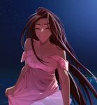  1girl alien_stage alternate_costume brown_hair closed_eyes commentary cropped dark-skinned_female dark_skin dress english_commentary highres hyuna_(alien_stage) long_hair night night_sky off-shoulder_dress off_shoulder open_mouth pink_dress skirt_hold sky smile solo star_(sky) stasyn_heh very_long_hair water 