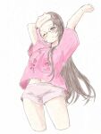  1girl absurdres arm_up blush breasts brown_hair closed_mouth commentary cropped_legs english_commentary glasses highres large_breasts long_hair mayoineko multicolored_hair navel one_eye_closed pink_hair pink_shirt pink_shorts purple_eyes shirt short_sleeves shorts simple_background sleep_mask solo split-color_hair stretching t-shirt tachibana_hinano tachibana_hinano_(5th_costume) thighs two-tone_hair virtual_youtuber vspo! white_background 