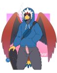 abstract_background accipitrid accipitriform anthro artist_logo avian back_wings bag balls beak bird black_claws black_eyeliner black_eyes black_finger_claws black_makeup black_straps black_talons blue_bag blue_cere blue_clothing blue_hoodie blue_tail blue_tail_feathers blue_tail_tip blue_topwear bottomless braviary cere_(anatomy) chest_bag cigarette cigarette_in_mouth cigarrete claws clothed clothing darksidefighter digital_drawing_(artwork) digital_media_(artwork) dipstick_tail drawstring drawstring_clothing drawstring_hoodie drawstring_topwear eagle erection eyelashes eyeliner fan_character fan_tail feather_hair feather_tuft feathered_crest feathered_wings feathers finger_claws foreskin front_view generation_5_pokemon genitals glans glistening glistening_beak glistening_eyes glistening_genitalia glistening_penis gradient_background grey_balls grey_body grey_crotch grey_face grey_feathers grey_genitals grey_legs grey_wings hand_in_pocket head_crest hi_res holding_object holding_skateboard hood hood_up hoodie humanoid_genitalia humanoid_hands humanoid_penis laid_back lit_cigarette logo makeup male markings medium_penis multicolored_body multicolored_feathers multicolored_genitals multicolored_tail multicolored_tail_feathers nado_soarian nintendo object_in_mouth penis pink_background pink_genitals pink_penis pockets pokemon pokemon_(species) pokemorph portrait pseudo_hair purple_background red_body red_feathered_crest red_feathers red_tail red_tail_feathers red_wings retracted_foreskin simple_background skateboard smoke smoking smoking_cigarette solo tail tail_feathers tail_markings talon_hands tan_feather_hair three-quarter_portrait topwear tuft vehicle vein veiny_penis white_background white_drawstring white_feathered_crest wings yellow_beak yellow_hands yellow_tail yellow_tail_feathers