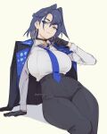  1girl absurdres arm_support black_choker black_gloves black_jacket black_pants blue_eyes blue_hair blue_necktie breasts choker closed_mouth collared_shirt earrings gloves hair_intakes highres hololive hololive_english jacket jacket_on_shoulders jewelry large_breasts necktie ouro_kronii pant_suit pants pomuya shirt shirt_tucked_in solo suit virtual_youtuber white_shirt 