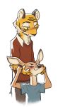  2018 anthro blush cervine cheek_tuft clothed clothing deer disney duo fan_character feline fuel_(artist) hands_on_cheeks male mammal simple_background squish text tiger tuft white_background wrist_grab young zootopia 